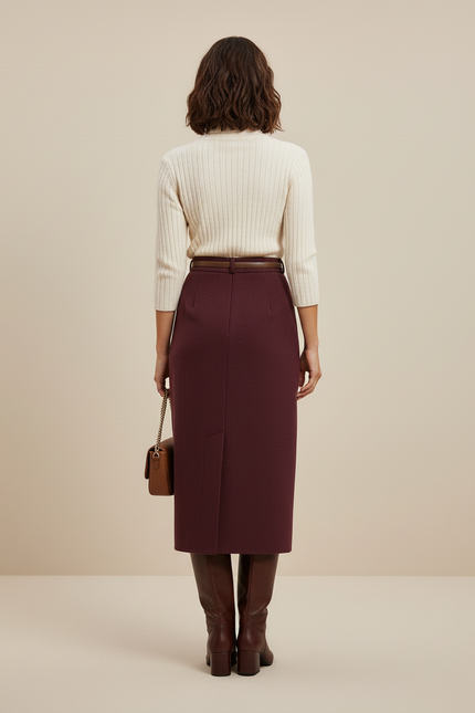 Jupe Midi Bordeaux Laine Élégante