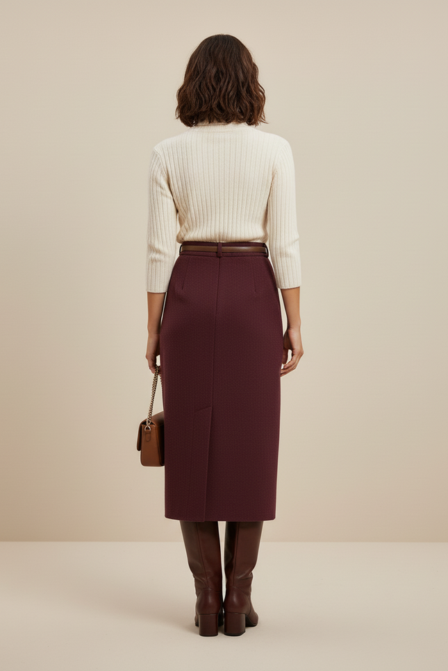Jupe Midi Bordeaux Laine Élégante
