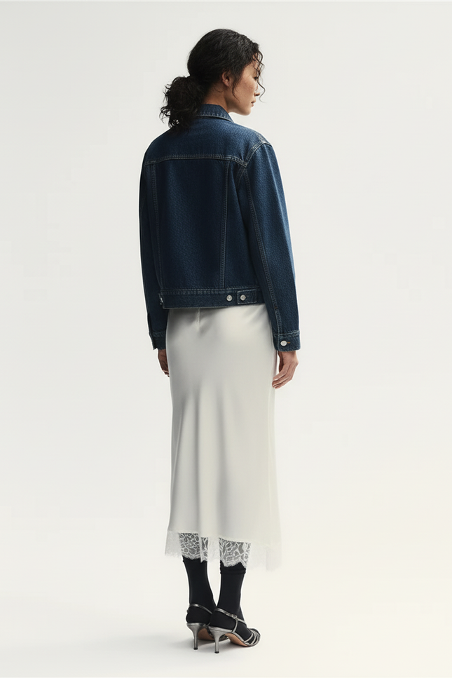 Jupe Midi Crème Satinée Dentelle Élégante