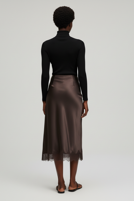 Jupe Midi Satinée Marron Dentelle Fluide