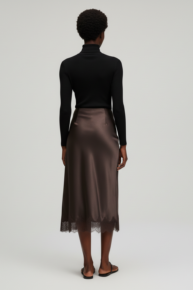 Jupe Midi Satinée Marron Dentelle Fluide