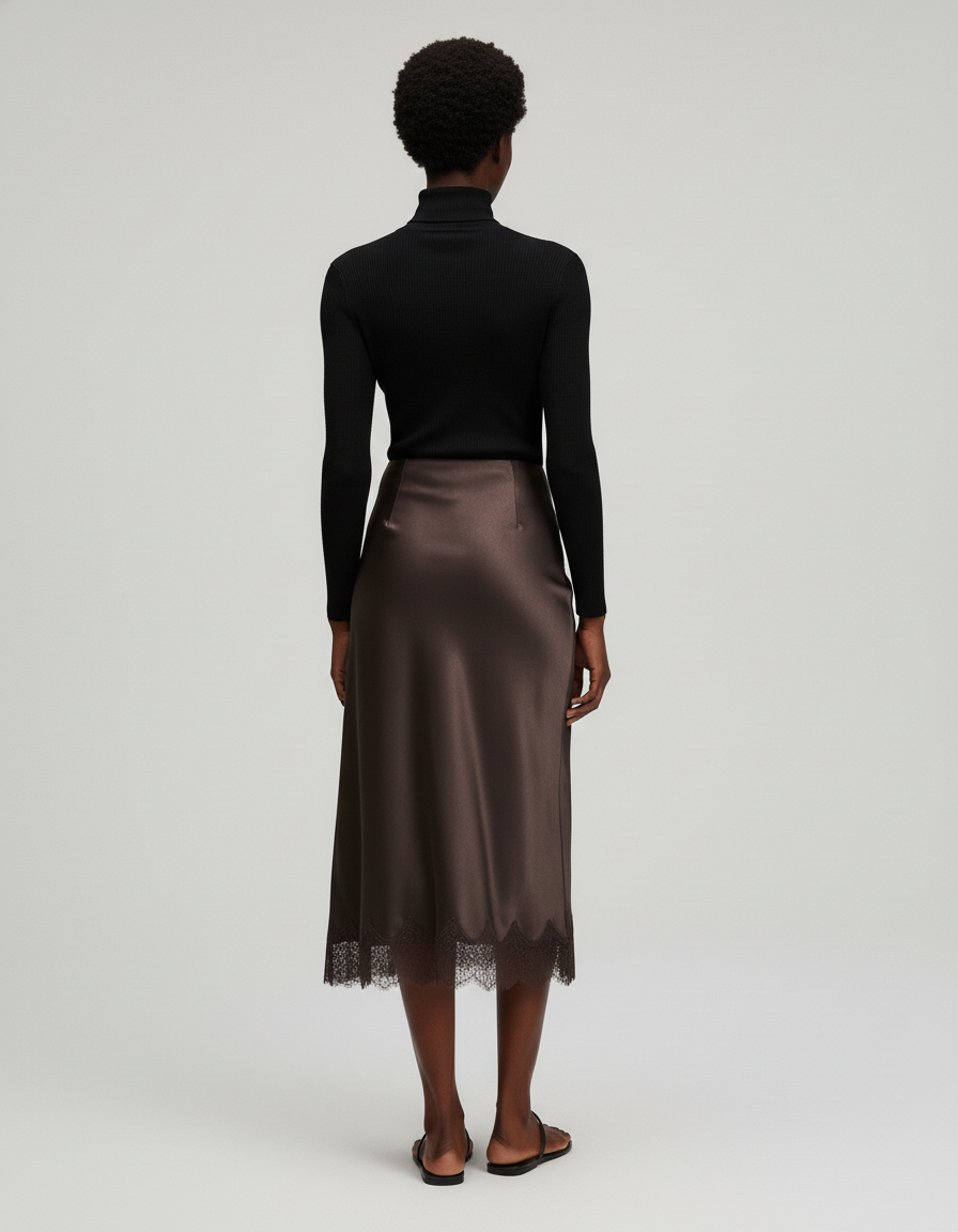Jupe Midi Satinée Marron Dentelle Fluide