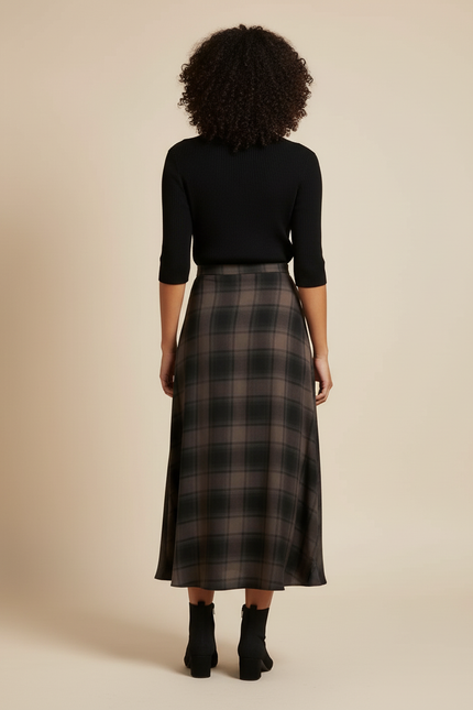 Jupe Midi Carreaux Portefeuille Plissée
