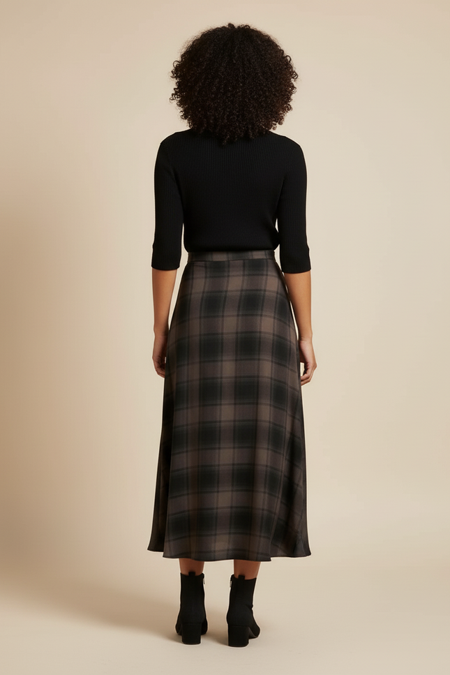 Jupe Midi Carreaux Portefeuille Plissée