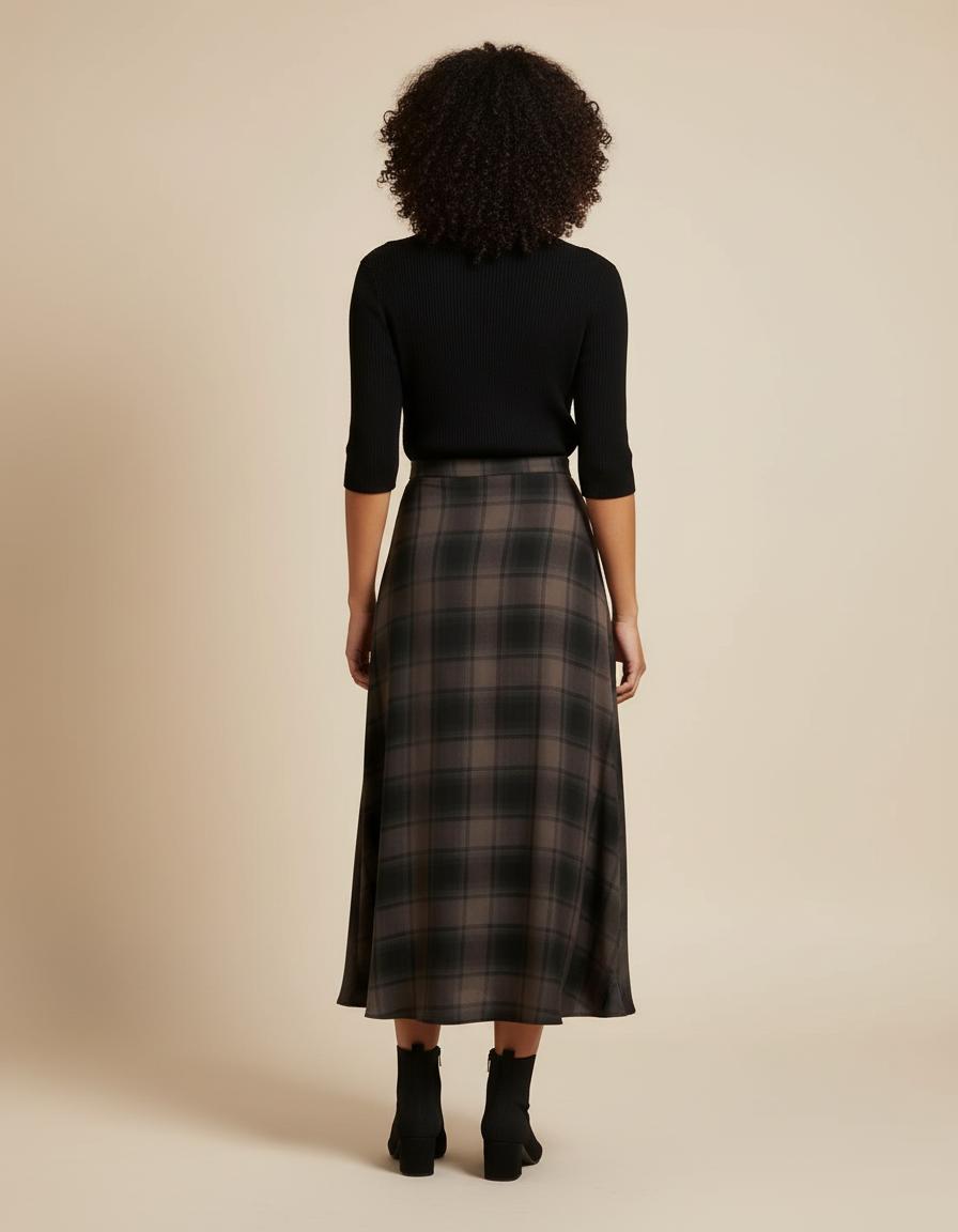 Jupe Midi Carreaux Portefeuille Plissée