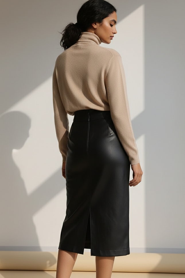 Jupe Midi Simili Cuir Noire Fendue Chic élégante