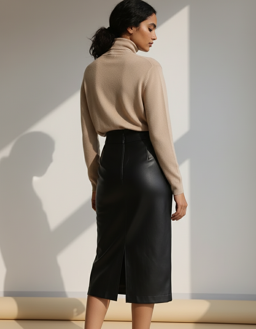 Jupe Midi Simili Cuir Noire Fendue Chic élégante