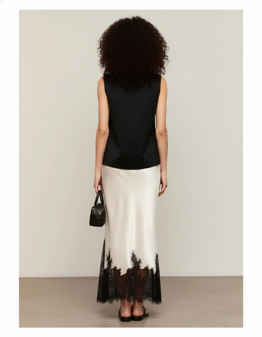 Jupe Midi Satinée Dentelle Élégante