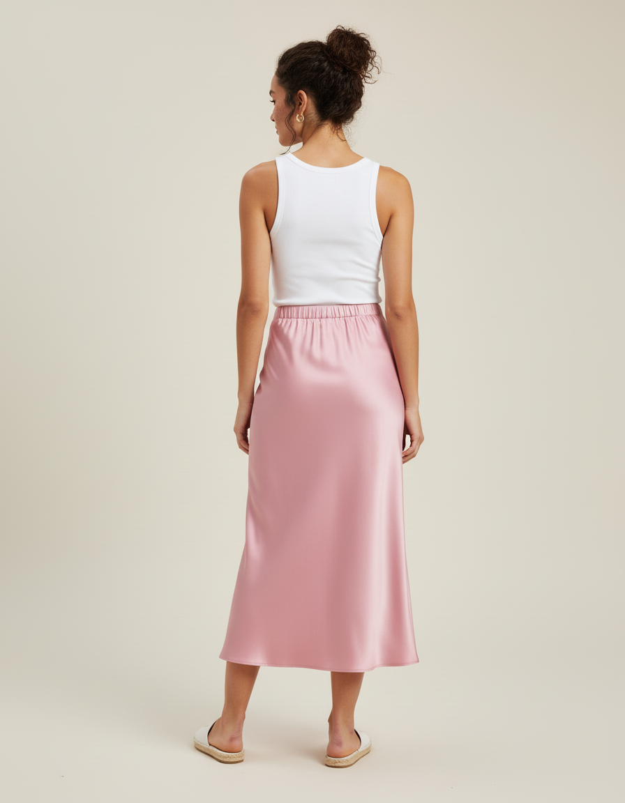 Jupe Midi Rose Satinée Fluide
