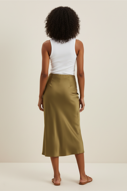 Jupe Midi Satinée Kaki Élégante fluide