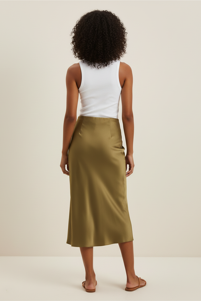Jupe Midi Satinée Kaki Élégante fluide