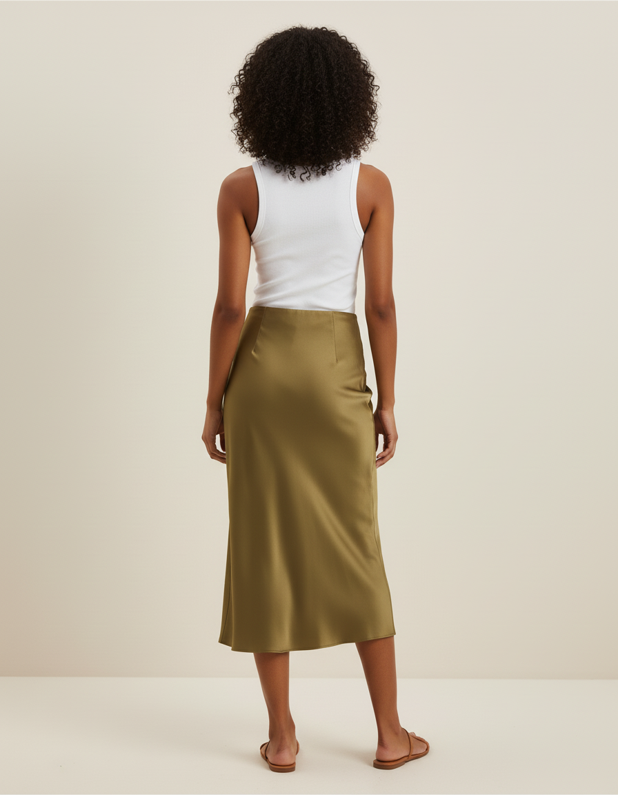 Jupe Midi Satinée Kaki Élégante fluide