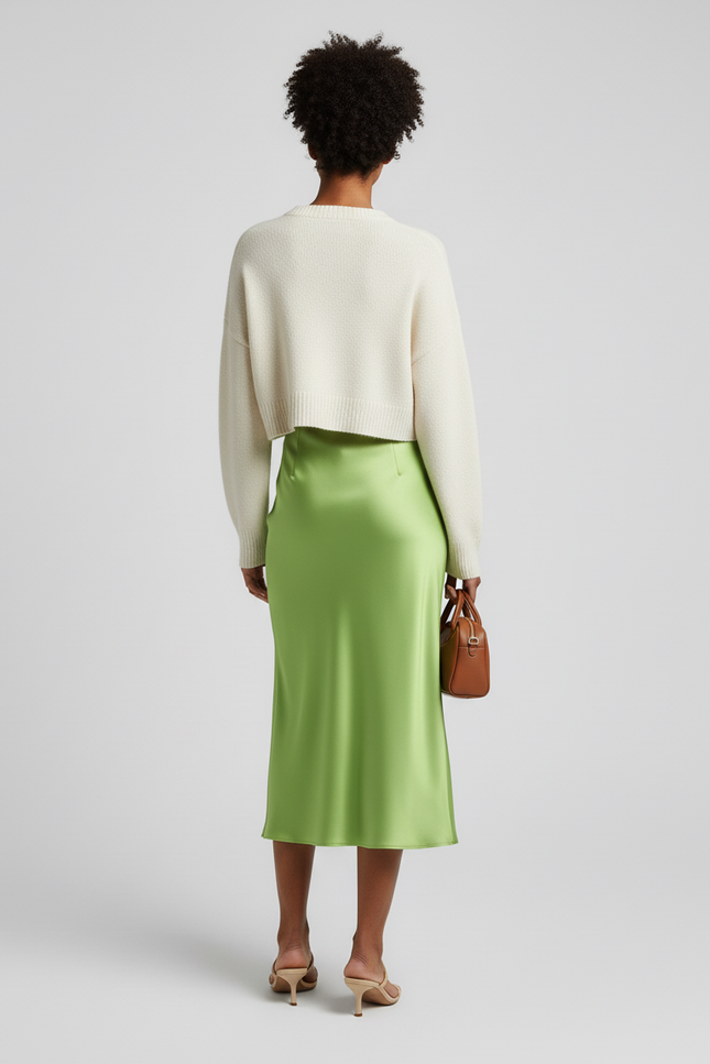 Jupe Midi Satin Vert Anis Élégante