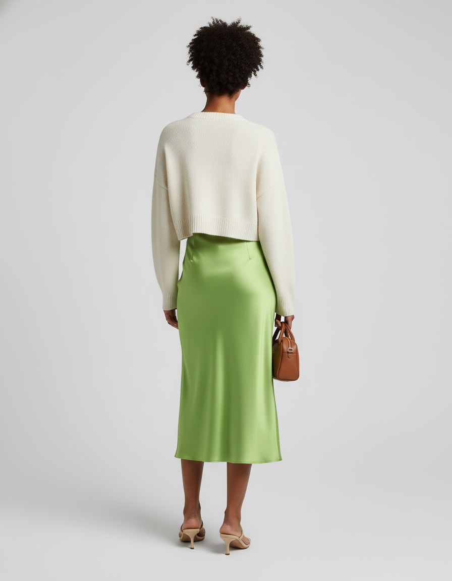 Jupe Midi Satin Vert Anis Élégante