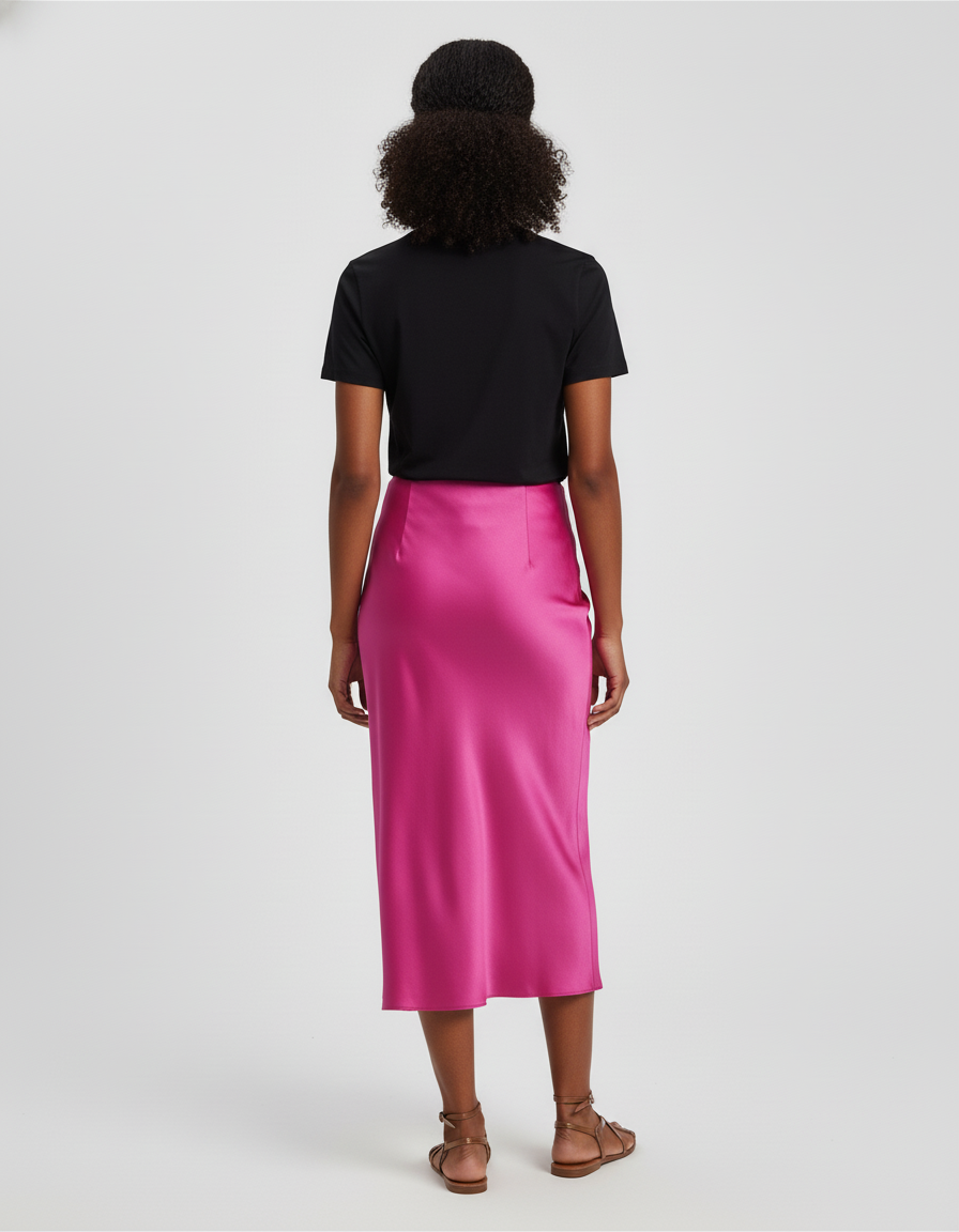 Jupe Midi Rose Fuchsia Satin Élégante