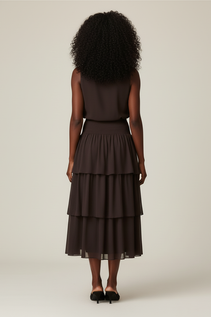 Jupe Midi Marron À Volants Chic