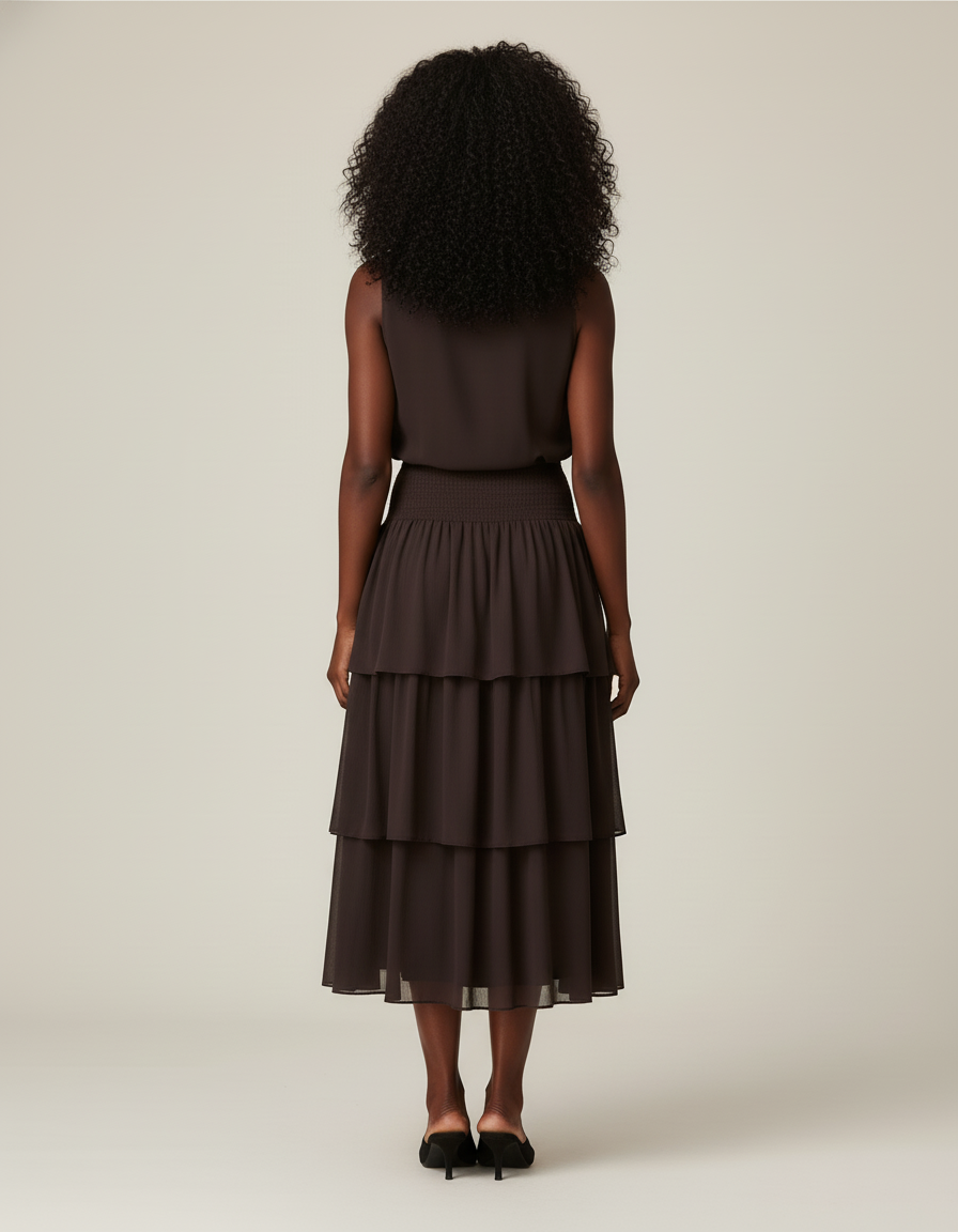 Jupe Midi Marron À Volants Chic