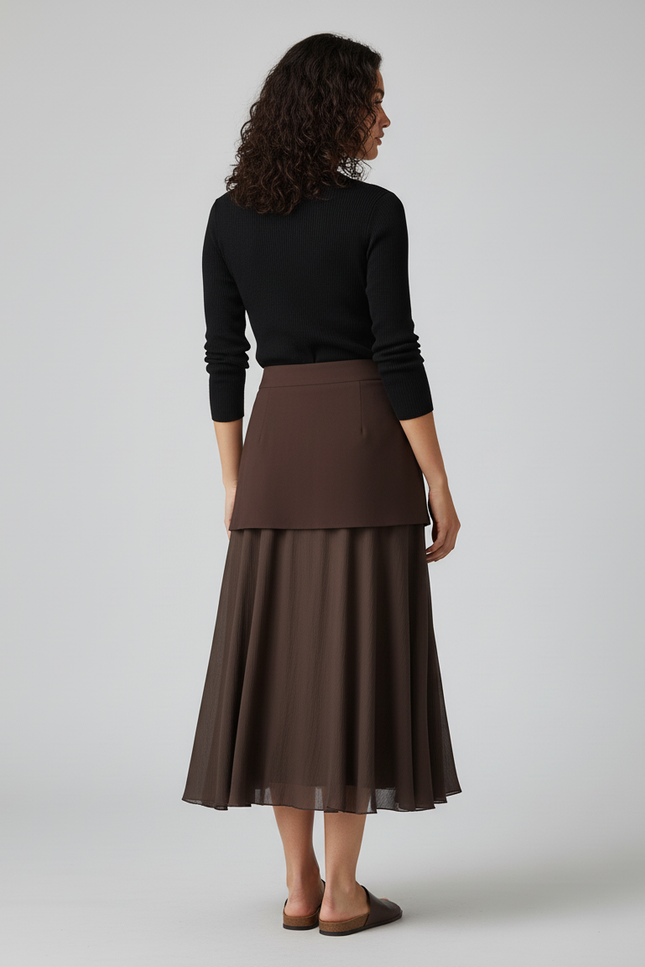 Jupe Midi Marron Superposée Fluide