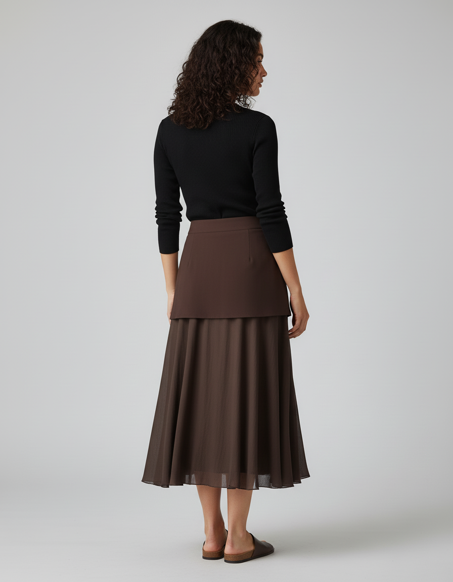 Jupe Midi Marron Superposée Fluide