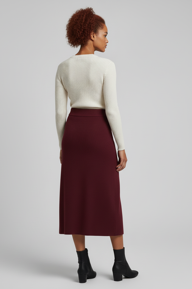Jupe Midi Bordeaux Côtelée Élégante