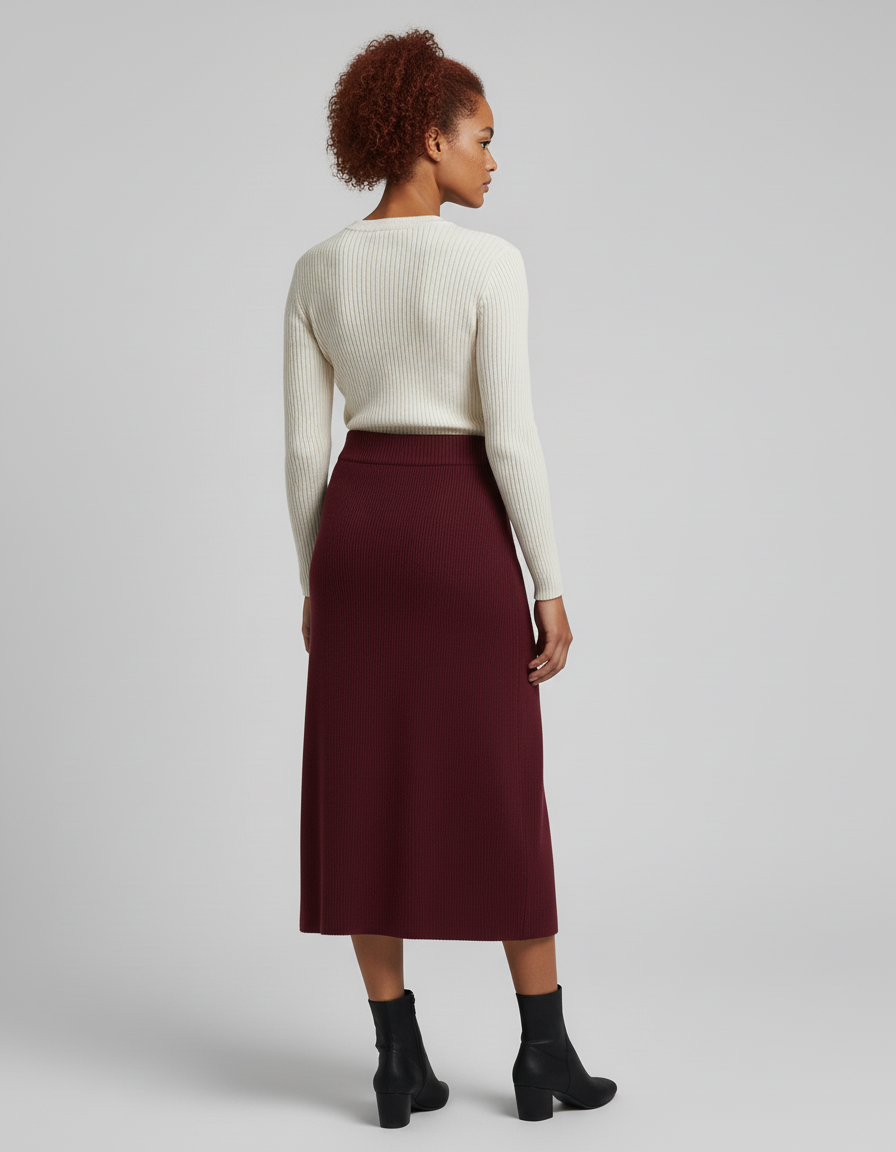 Jupe Midi Bordeaux Côtelée Élégante
