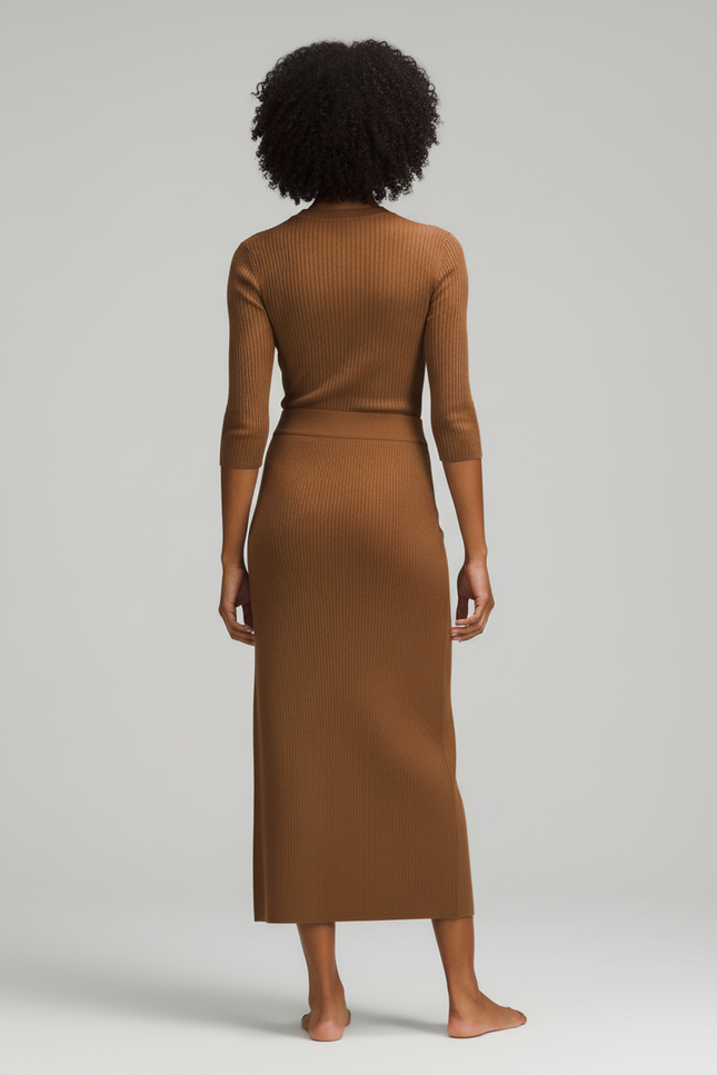 Jupe Midi Marron Côtelée Chic