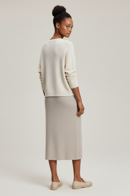 Jupe Midi Beige Côtelée Chic