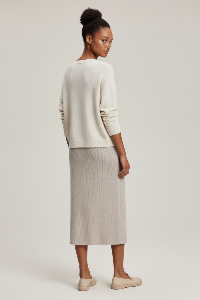 Jupe Midi Beige Côtelée Chic