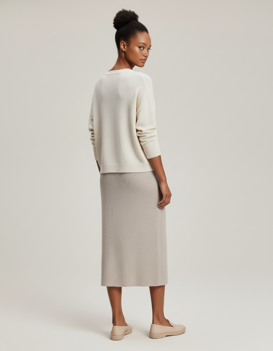 Jupe Midi Beige Côtelée Chic