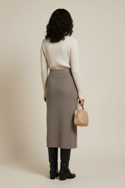 Jupe Midi Taupe Côtelée Chic