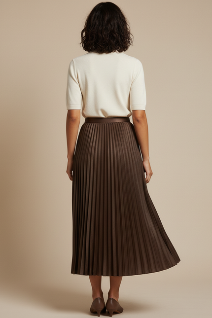 Jupe Plissée Midi Simili Cuir