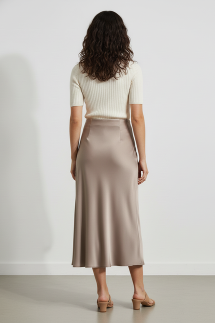 Jupe Midi Satin Taupe Élégante