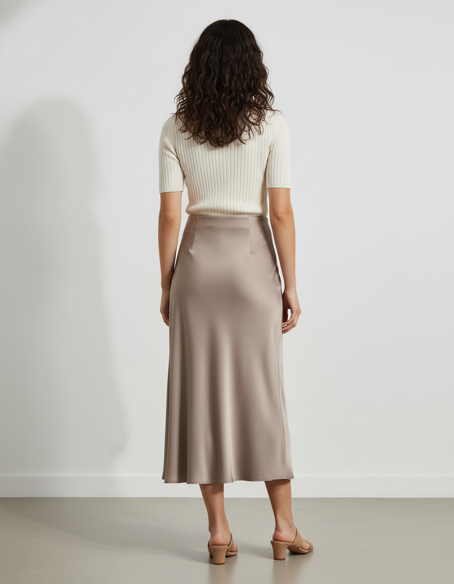 Jupe Midi Satin Taupe Élégante