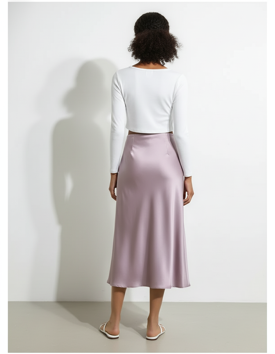 Jupe Midi Satin Lavande Élégante