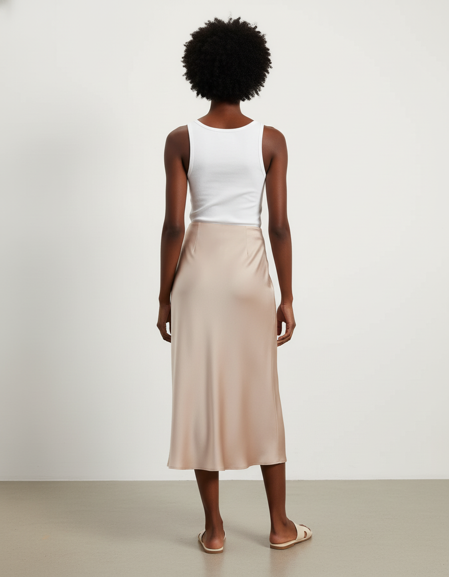 Jupe Midi Satinée Beige Élégante