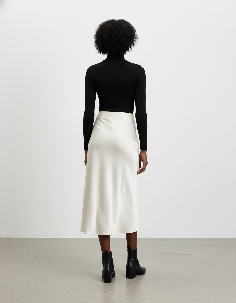 Jupe Midi Satin Crème Élégante
