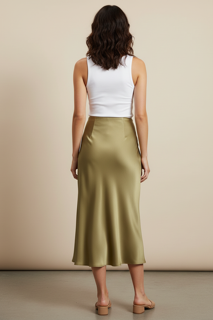 Jupe Midi Satin Kaki Élégante