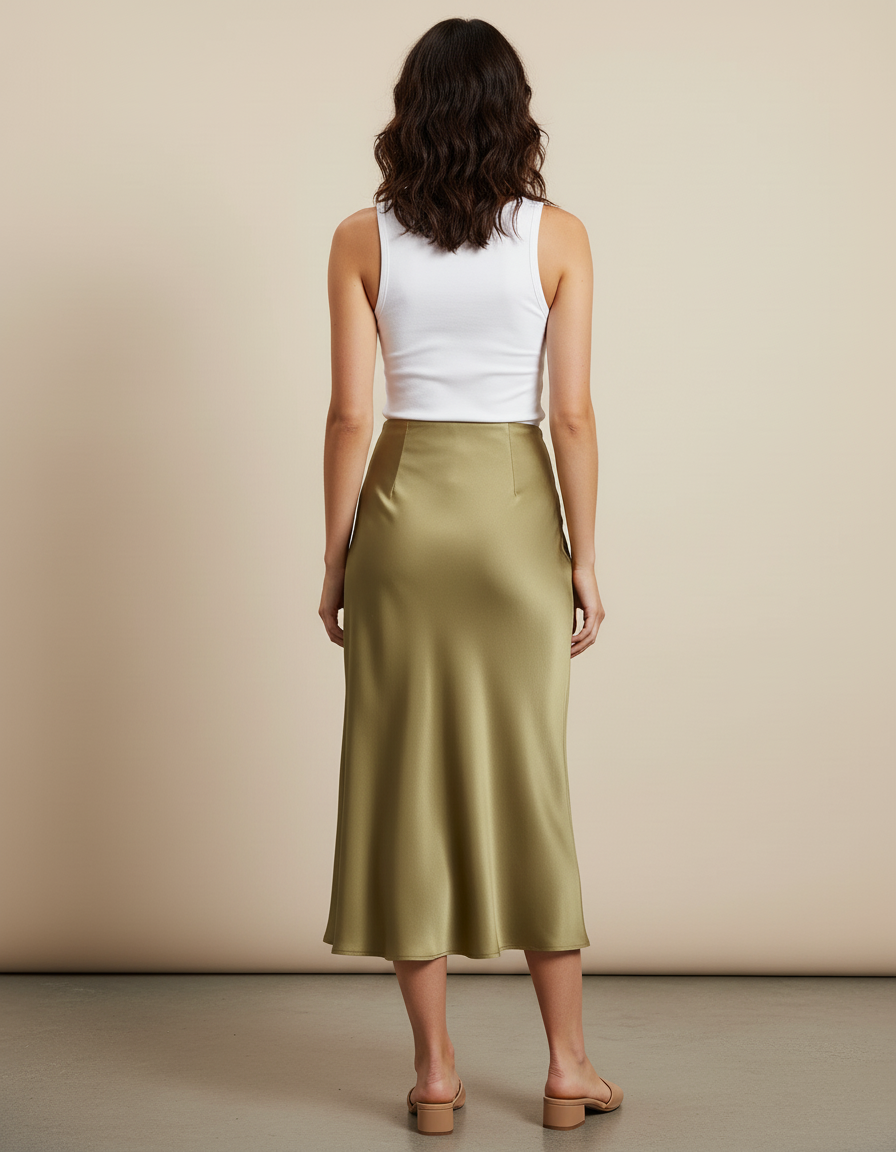 Jupe Midi Satin Kaki Élégante