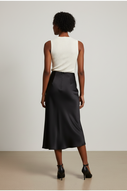 Jupe Midi Noire Satinée Élégante