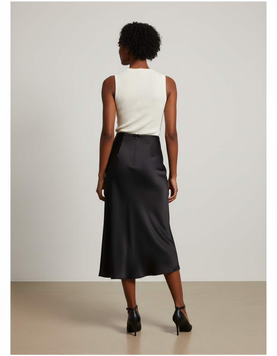 Jupe Midi Noire Satinée Élégante