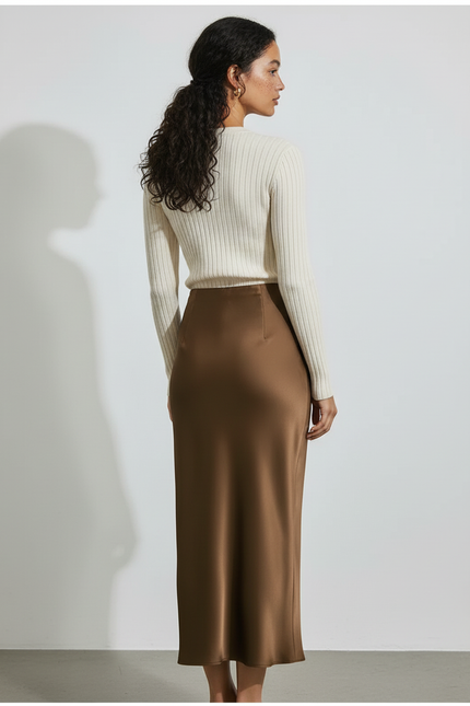 Jupe Midi Satinée Marron Élégante