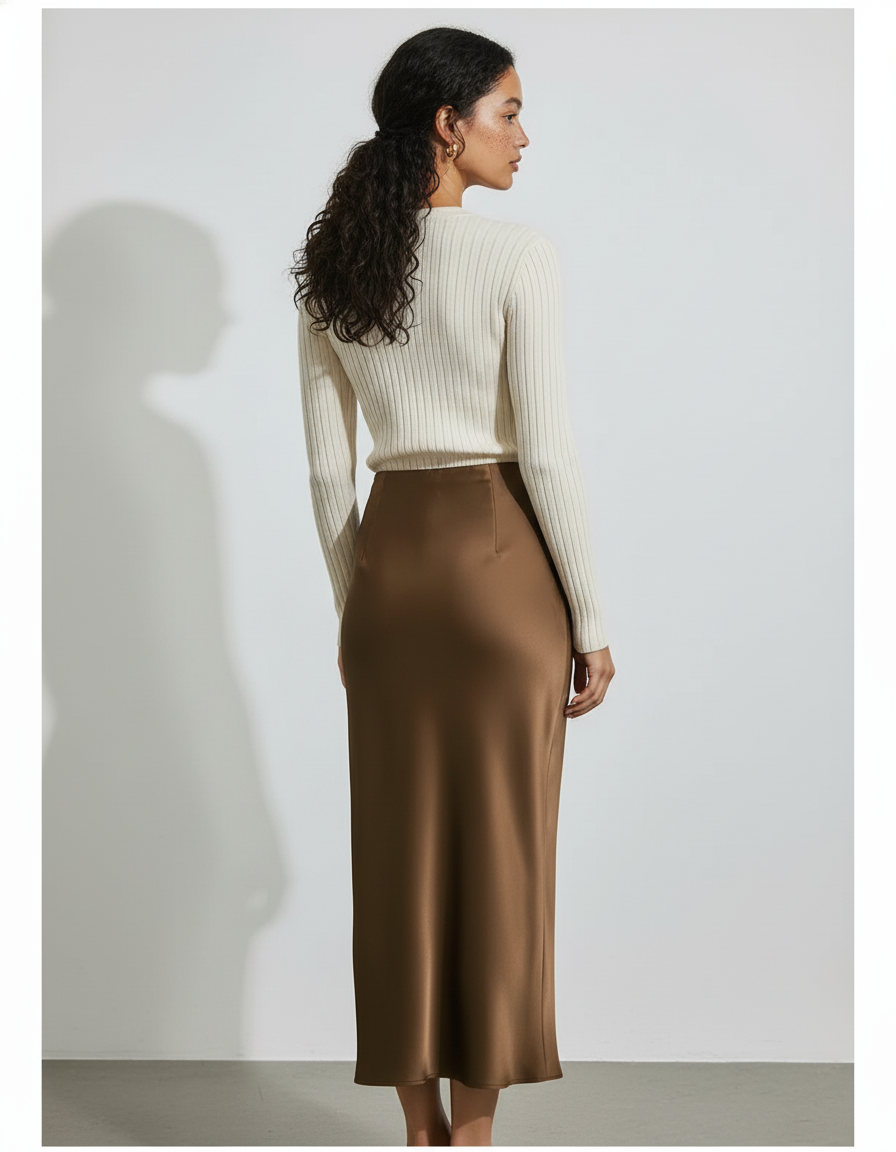 Jupe Midi Satinée Marron Élégante