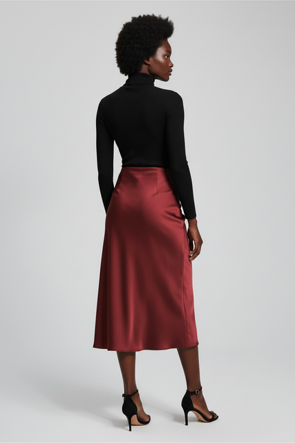 Jupe Midi Satin Bordeaux Élégante