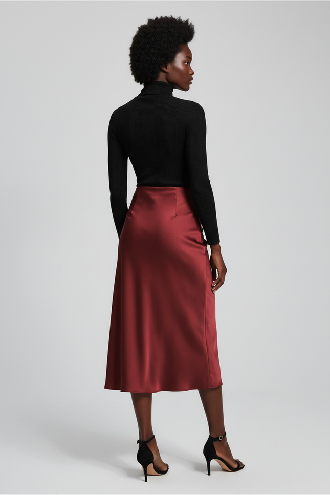 Jupe Midi Satin Bordeaux Élégante