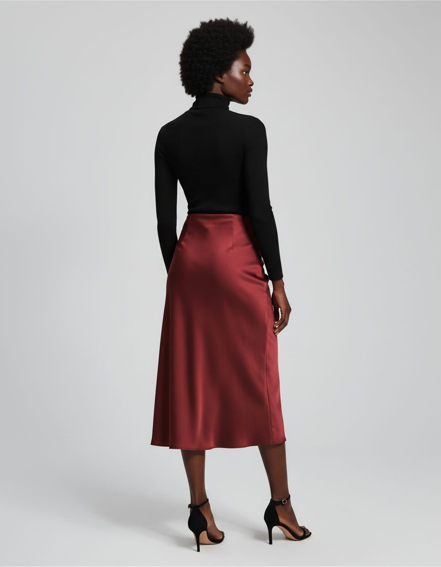 Jupe Midi Satin Bordeaux Élégante