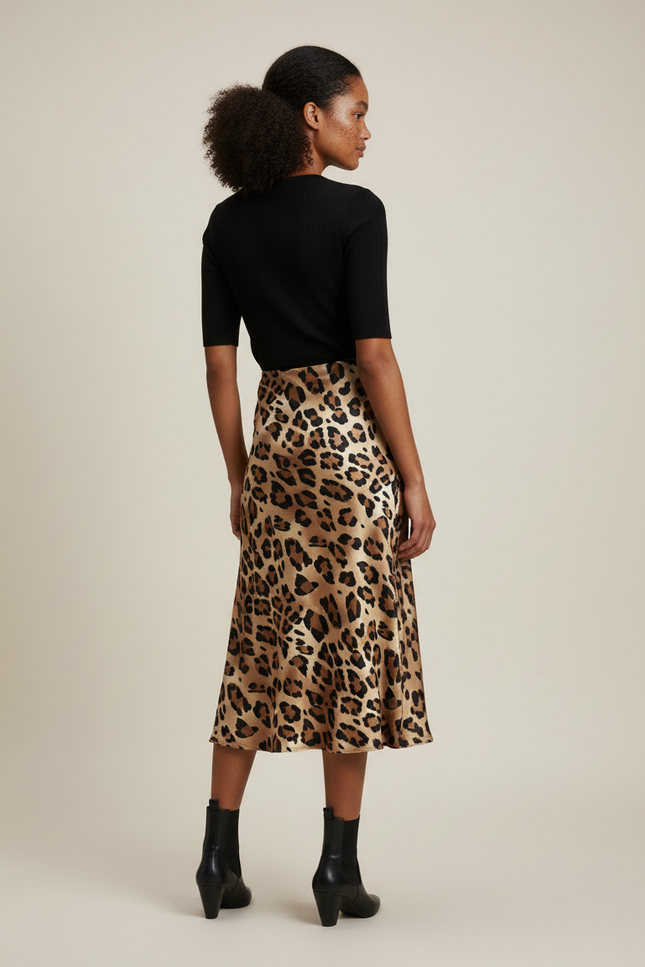 Jupe Midi Satin Léopard Fluide