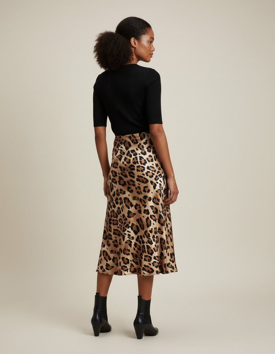 Jupe Midi Satin Léopard Fluide
