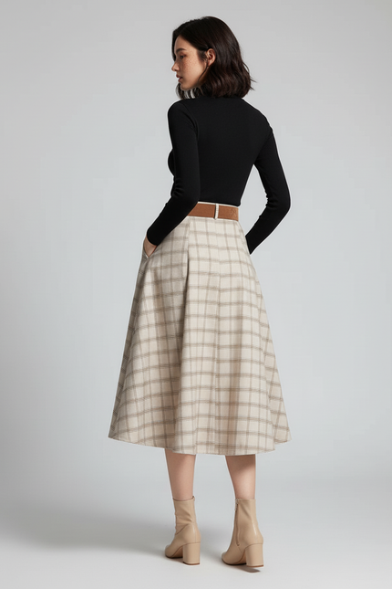 Jupe Midi À Carreaux Évasée Chic