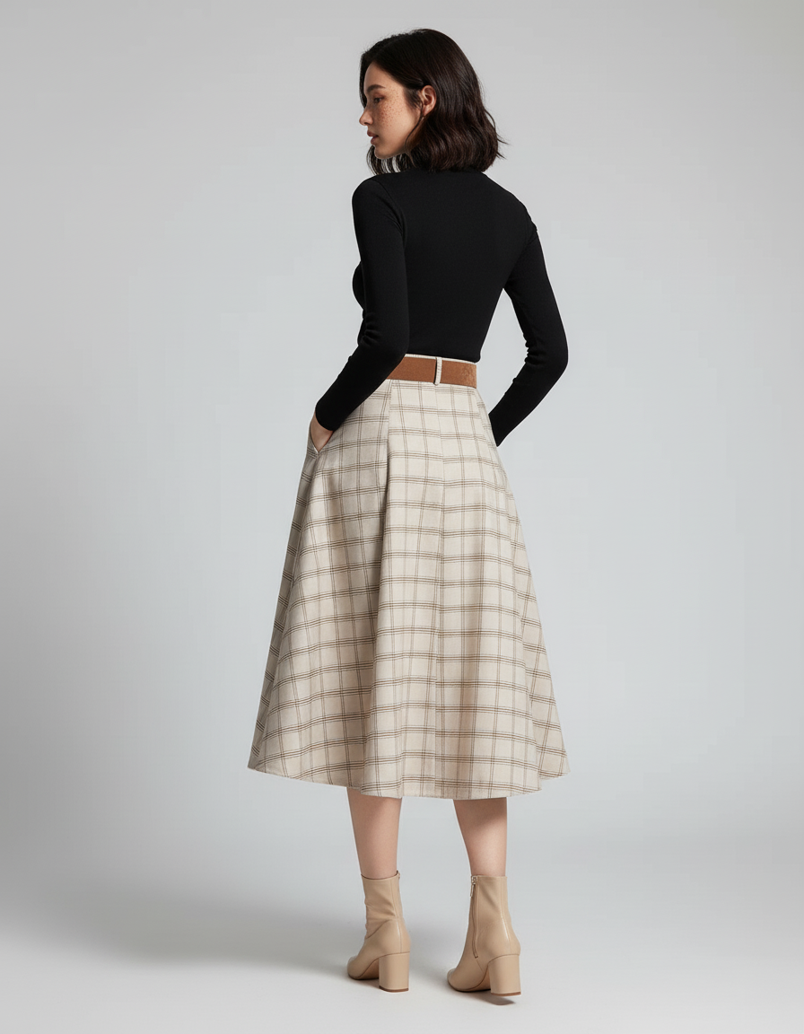 Jupe Midi À Carreaux Évasée Chic