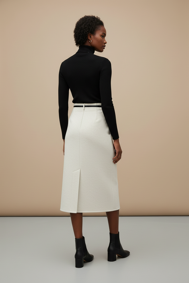 Jupe Midi Droite Crème Laine Élégante Femme
